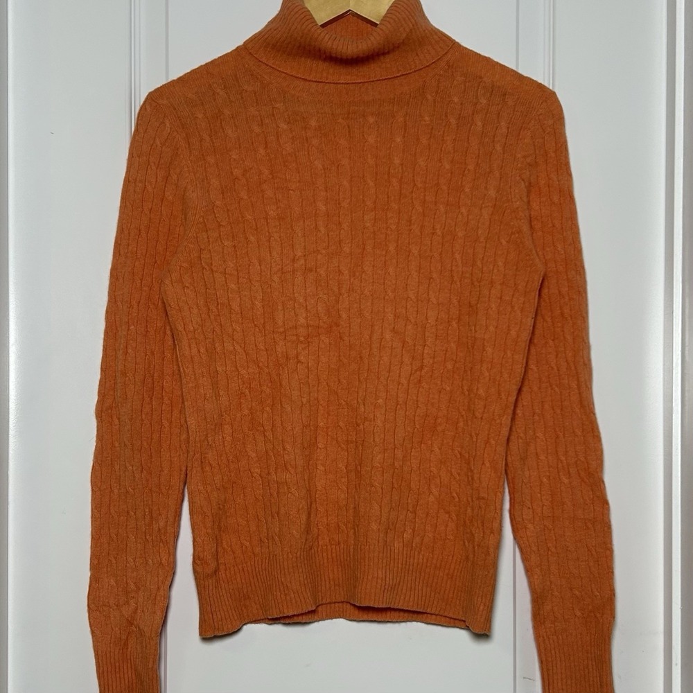 Tweeds Vintage 90s 100% 2-Ply Cashmere Orange Cable Knit Turtleneck Sweater